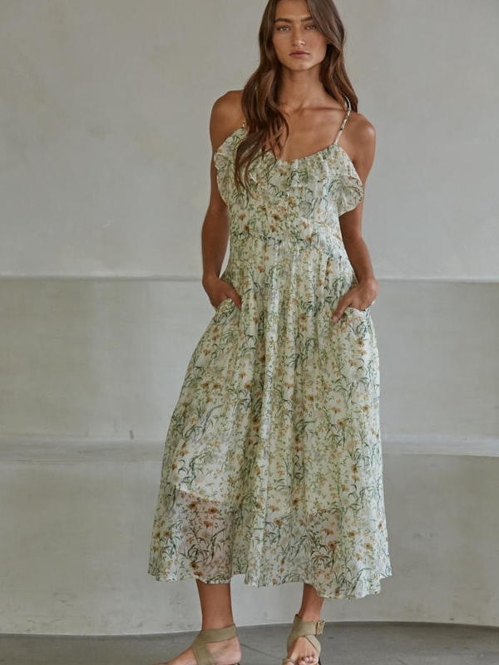 By Together Sage Floral Maxi Dress with Ruffle Strap